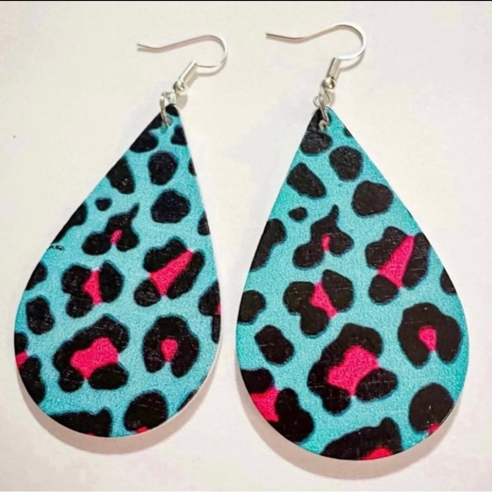 Blue & Pink Leopard Print Wood Teardrop Dangle Earrings